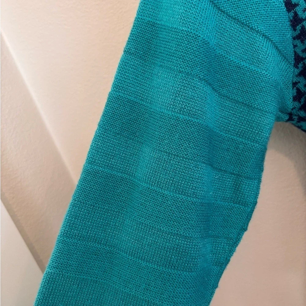 Vintage Teal Blue Henley Textured Geometric Knit Long Sleeve Tunic Sweater